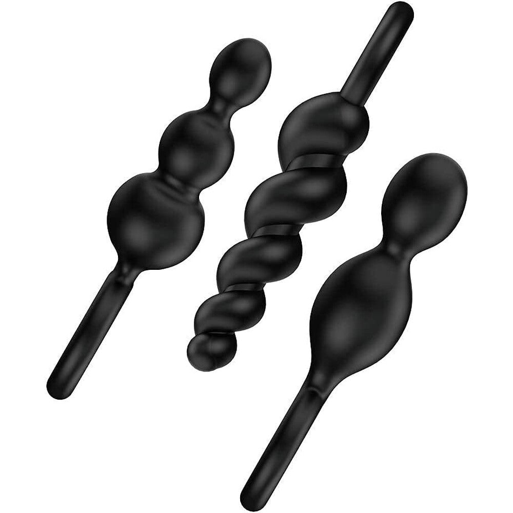 Set of three black anal plugs from Satisfyer Pro, varying in size and shape
