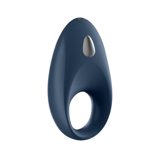 Close-up of a smooth, dark grey silicone cock ring, a love ring vibrator by Satisfyer.