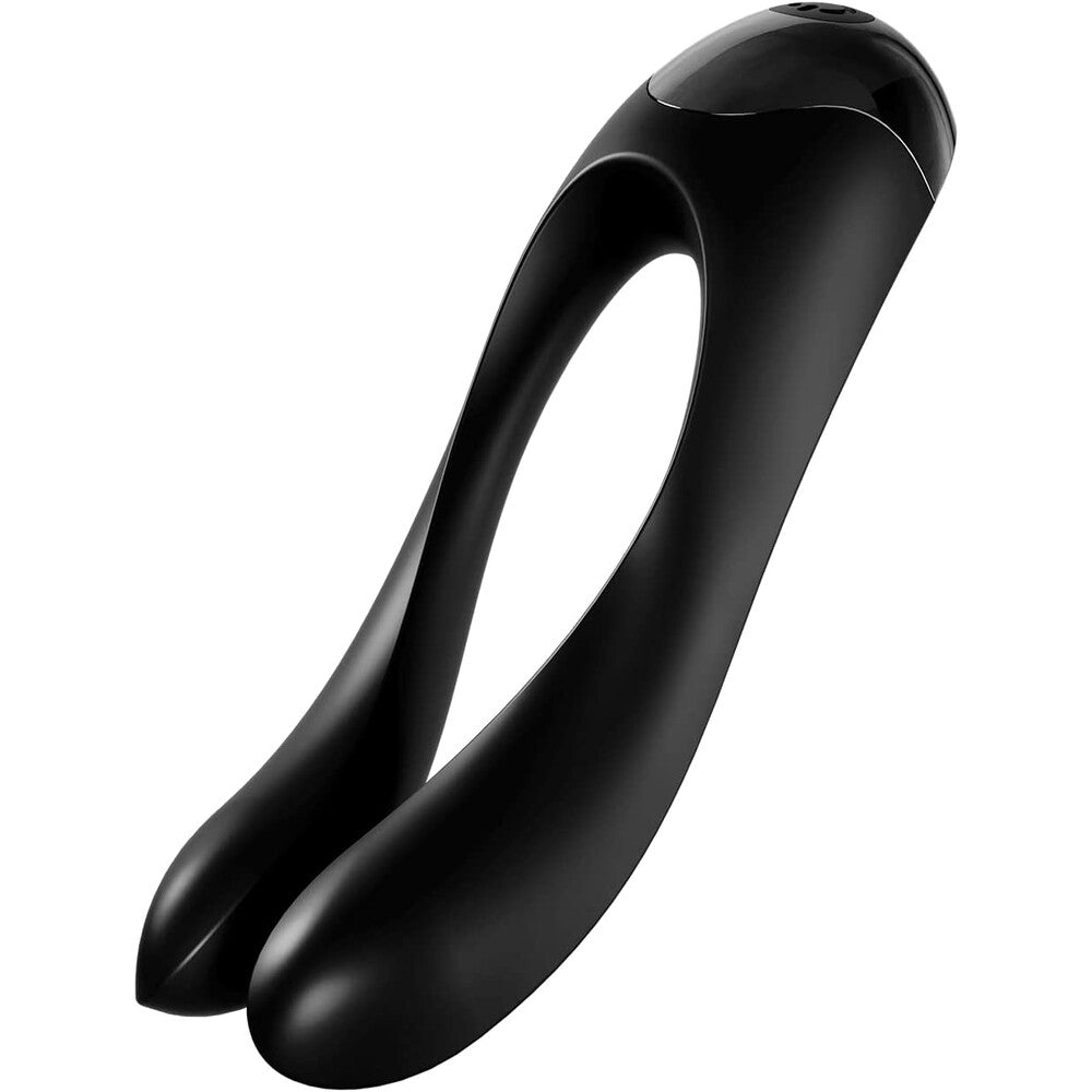 Close-up of a black, candy cane-shaped finger vibrator from Satisfyer, a personal pleasure product.