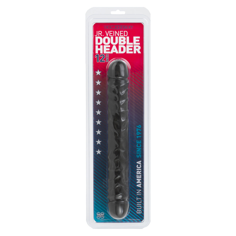 Doc Johnson jr veined double header dong, 12 inches, black, bendable and realistic.