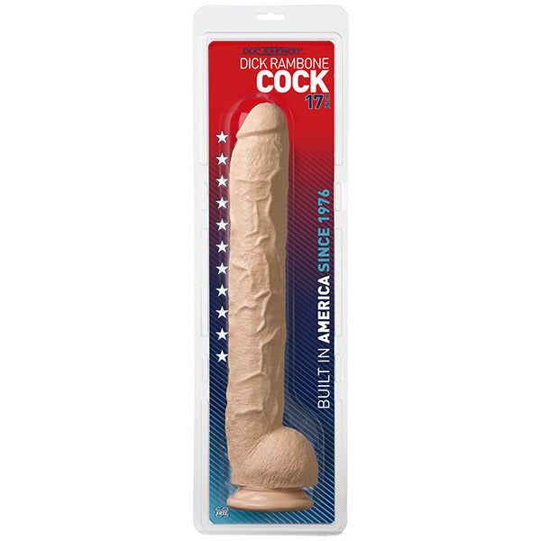Doc Johnson gigantic 15-inch dildo, realistic texture, veiny shaft, and lifelike head in skin tone.