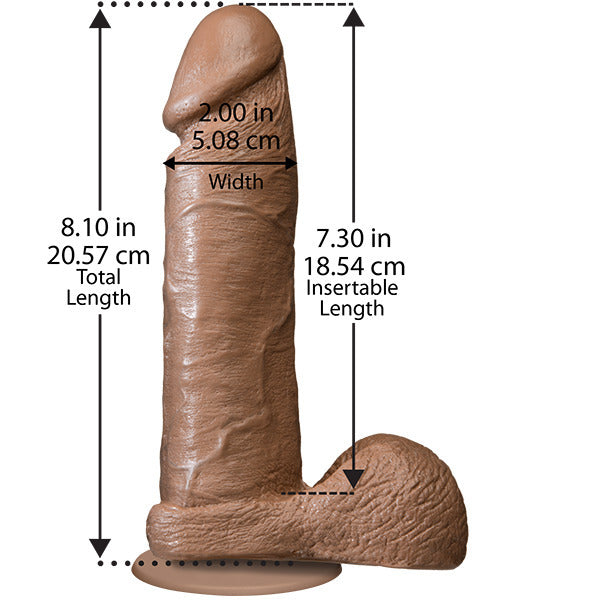 Doc Johnson realistic 8-inch dildo in a flesh brown tone, showcasing detailed texture.