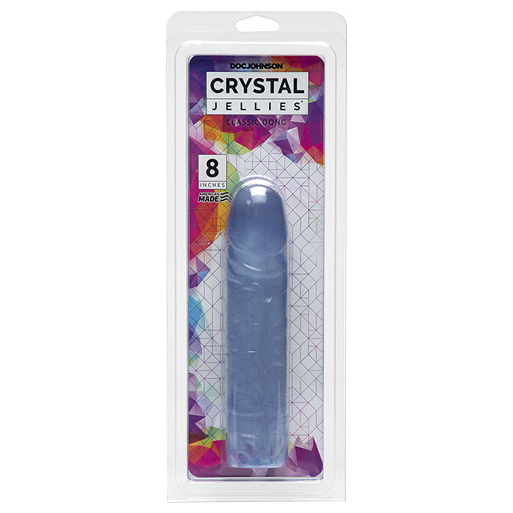 Clear, eight-inch crystal jelly dong from Doc Johnson, a realistic penis-shaped dildo.