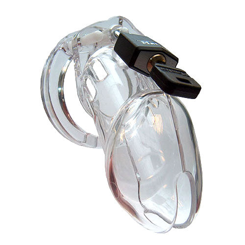 Rimba male chastity device, the CB6000, transparent plastic cage with metal security lock.