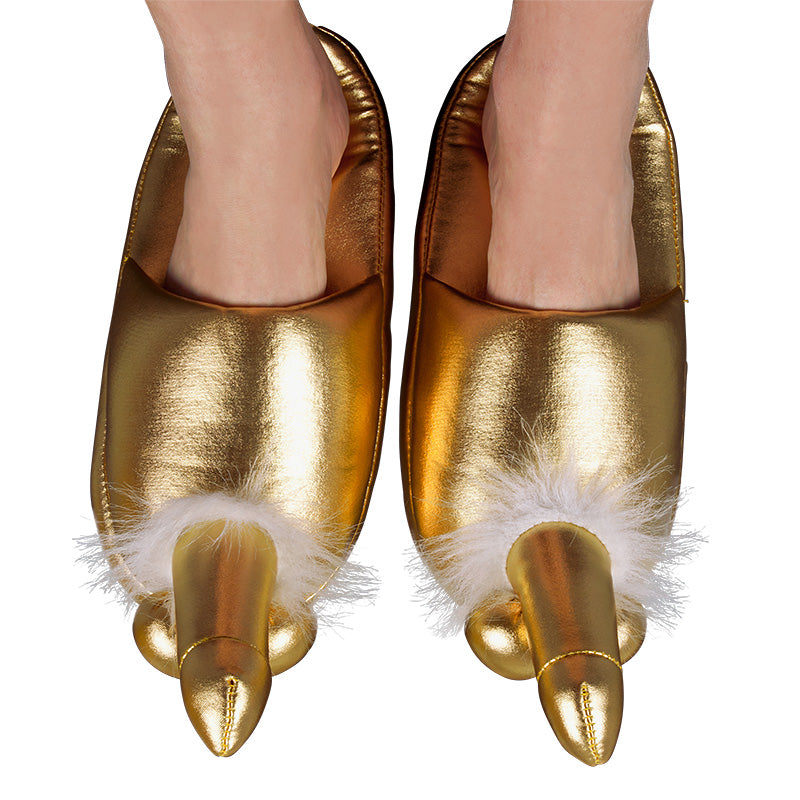 A pair of golden novelty slippers from You2Toys, shaped like a penis. Cheeky footwear.