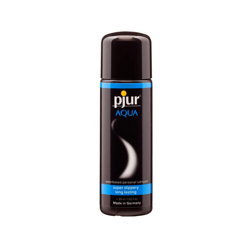 A clear bottle of pjur aqua lubricant, a water-based personal lubricant.