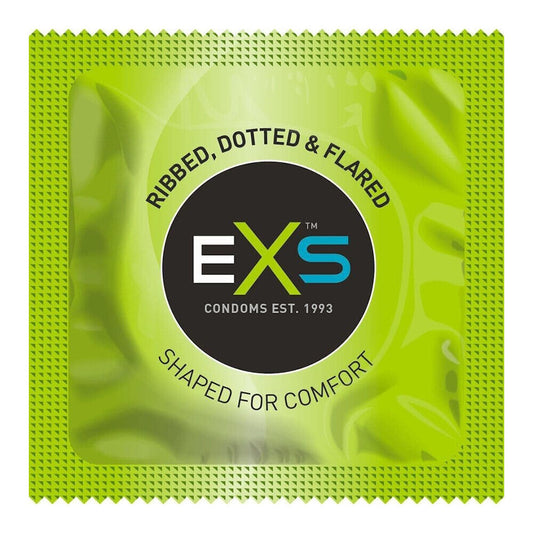 Exs comfy fit ribbed and dotted condoms, a pack of twelve for enhanced pleasure.