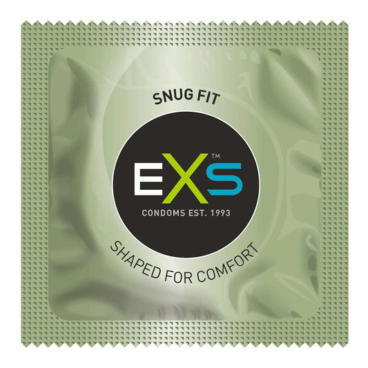 a pack of exs snug condoms, natural colour, offering a closer, secure fit.