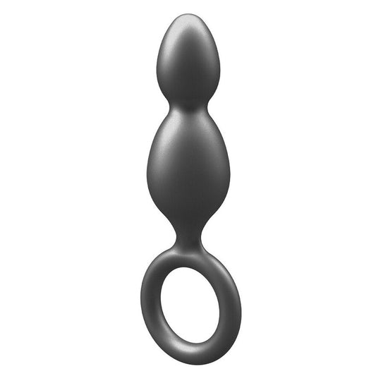 metallic silver silicone anal plug with two balls, a smooth finish for pleasure