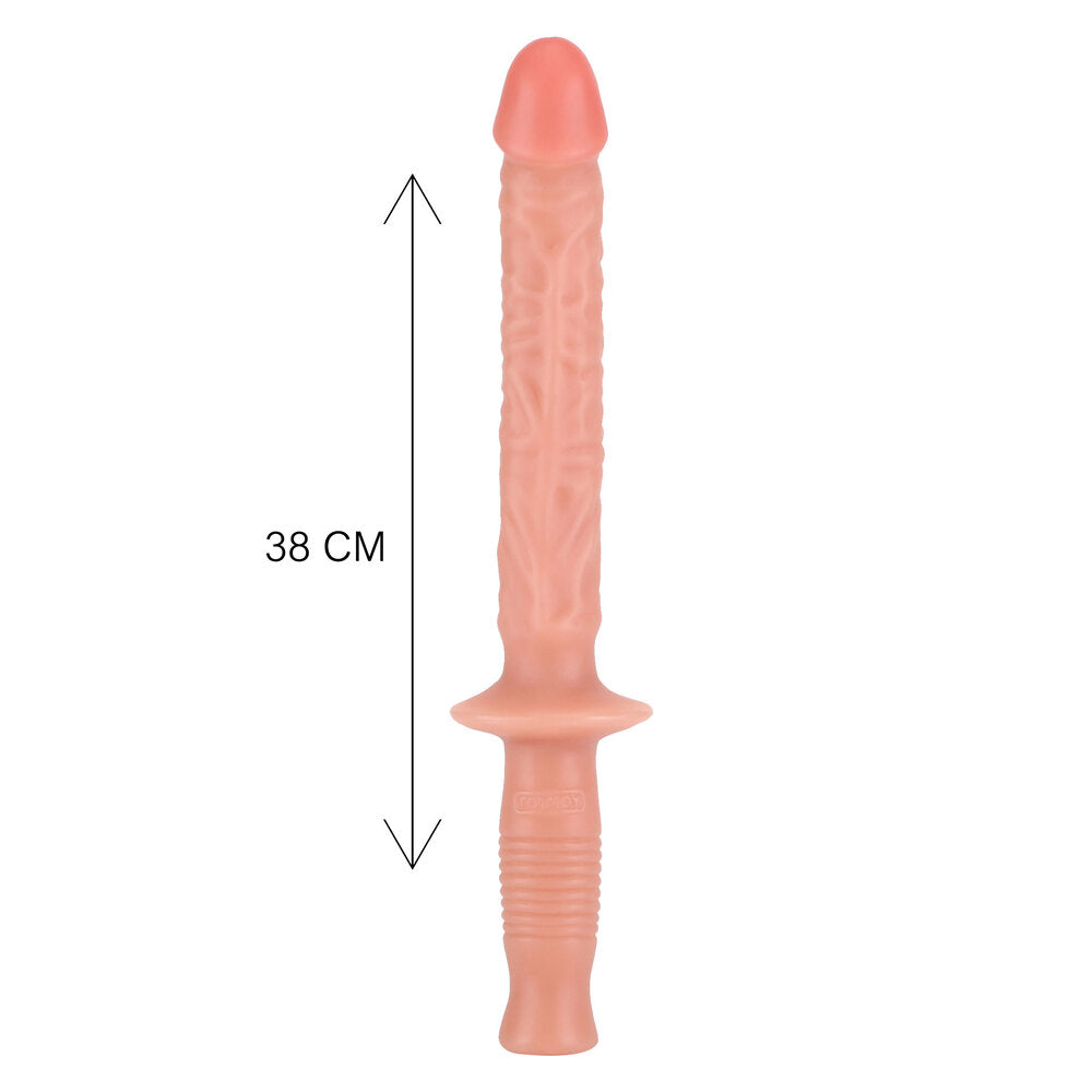Flesh pink, 14.5 inch penis vibrator from toy joy, realistic skin texture.