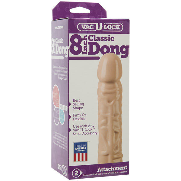 Doc Johnson VacULock classic 8-inch penis dildo attachment, flesh-toned, realistic texture for partnered use.