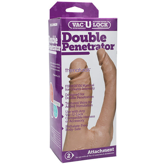 Doc Johnson VacULock attachment, realistic double penetrator dildo, natural flesh tone, lifelike texture