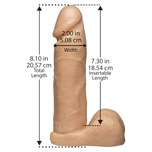 Doc Johnson VacULock compatible, 8 inch, realistic penis dildo attachment in a flesh pink shade.