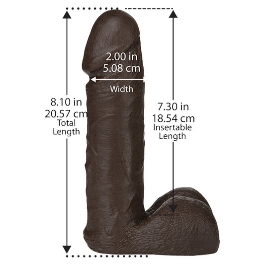 Doc Johnson black vac-u-lock realistic dildo attachment, eight inches, penis-shaped for compatible harnesses.