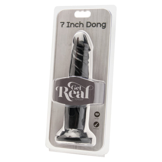 Black, seven-inch 'get real' penis dildo from toy joy sex toys, textured for pleasure.