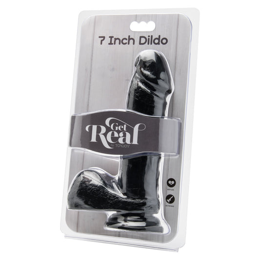 ToyJoy Get Real black, seven-inch dildo with balls, a realistic penis for pleasure.