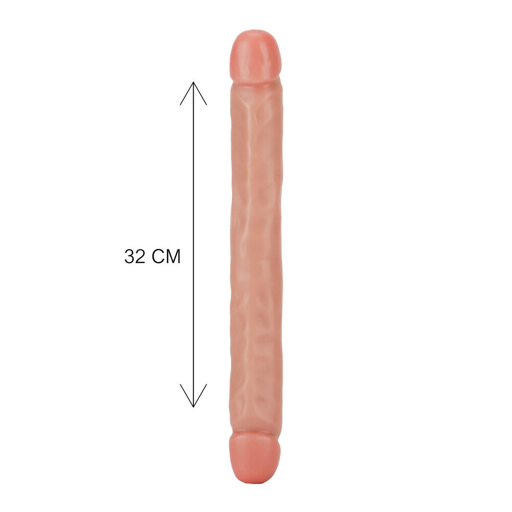 Two-pronged dildo, 12 inches long, smooth finish, for dual vaginal or anal pleasure.