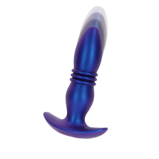 Close-up of a black, vibrating butt plug with a textured finish, designed for anal pleasure.