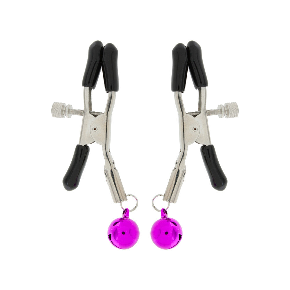 Adjustable nipple clamps in silver metal, a naughty toy for teasing fun.