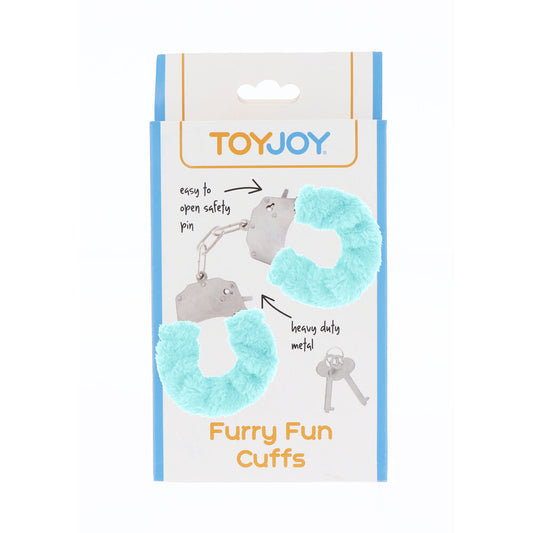 Aqua furry wrist cuffs, soft toy handcuffs for playful fun, by ToyJoy.