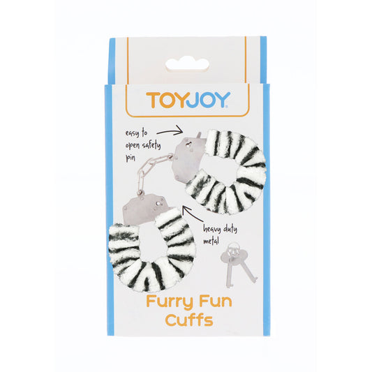 ToyJoy Furry Fun zebra-striped wrist cuffs, soft faux fur and adjustable straps for bondage play