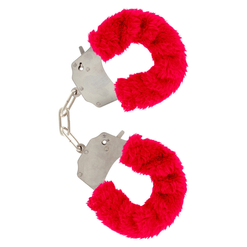 ToyJoy furry red wrist cuffs, for playful restraint, with a soft, fun finish.