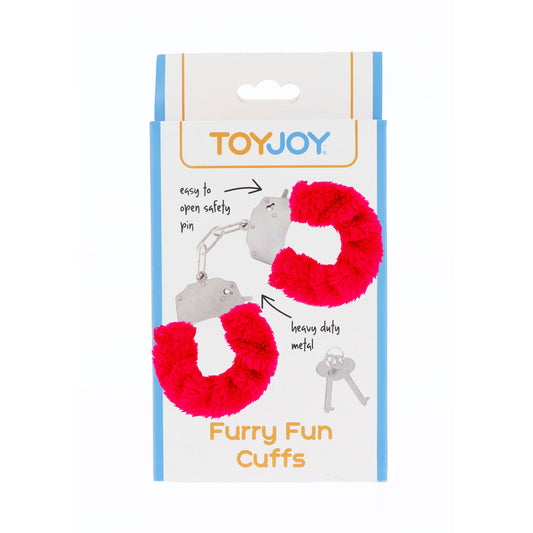 Red furry wrist cuffs for playful bondage, a fun addition to your ToyJoy collection.