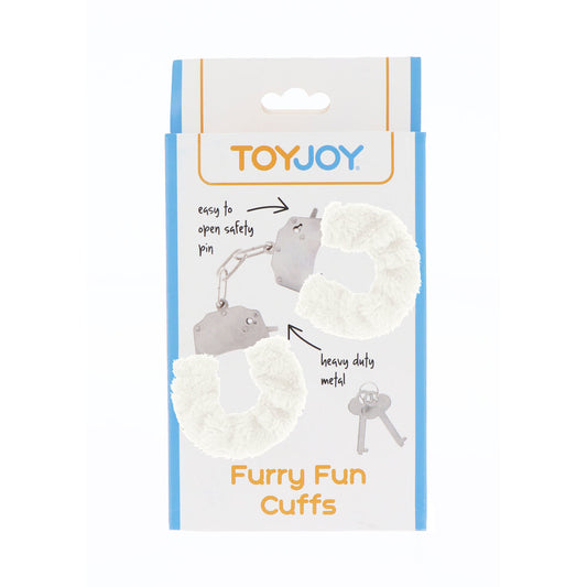 ToyJoy furry white wrist cuffs for a bit of fluffy bedroom fun, set of two.