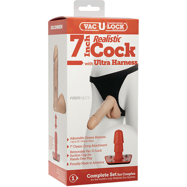 Doc Johnson VacULock realistic seven-inch cock with ultra harness in fleshy tones for strap-on fun.