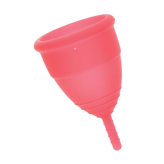 Two large Mae B menstrual cups, purple silicone, for period personal hygiene.