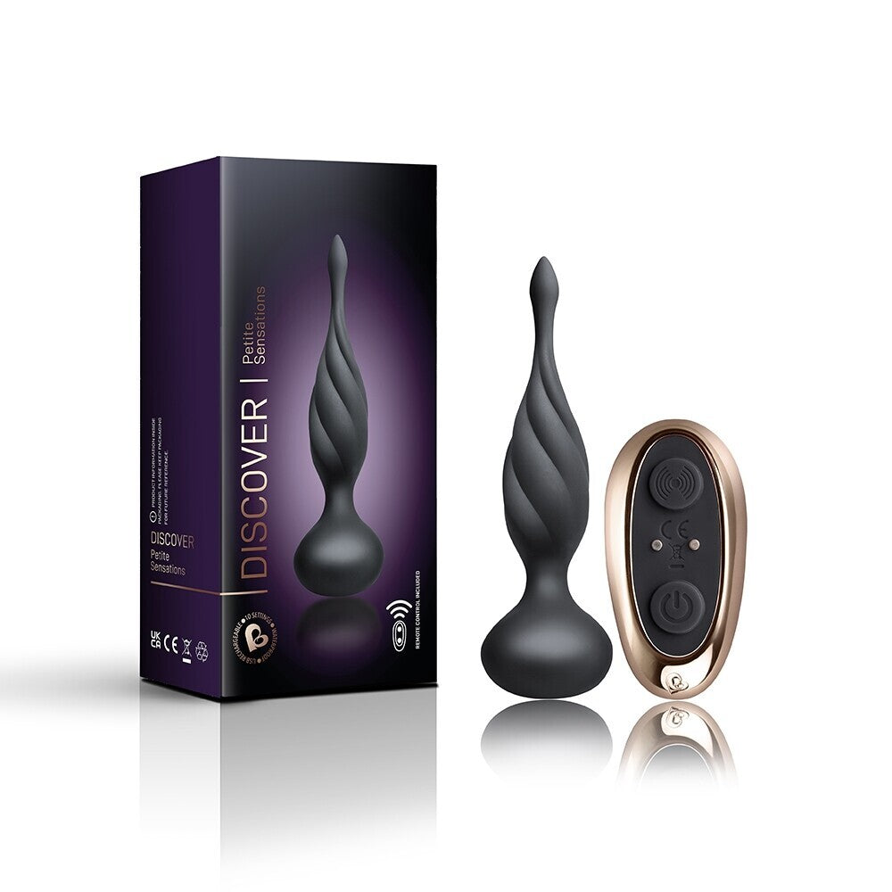 Rocks Off petite sensations black vibrating butt plug for anal play, smooth finish.