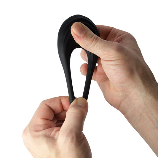 Rocks Off Spire black cockring vibe; textured, stretchy love ring vibrator for enhanced pleasure.