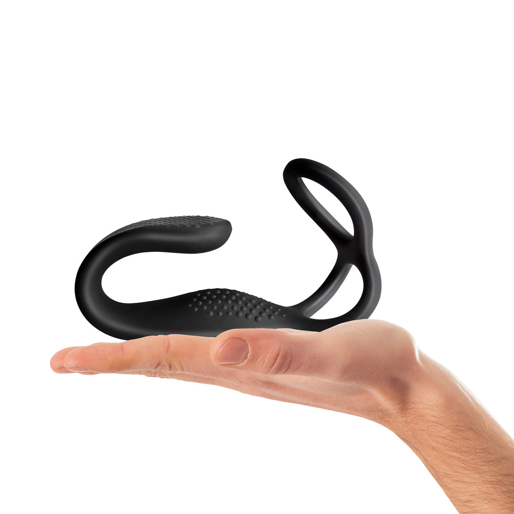black thevibe strapless strap-on with anal stimulator for male pleasure, rocks off design
