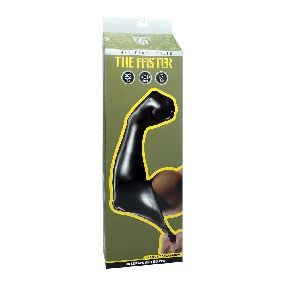 Black Doc Johnson FFISTER tunnel stretcher for erotic play, made from smooth, flexible material.