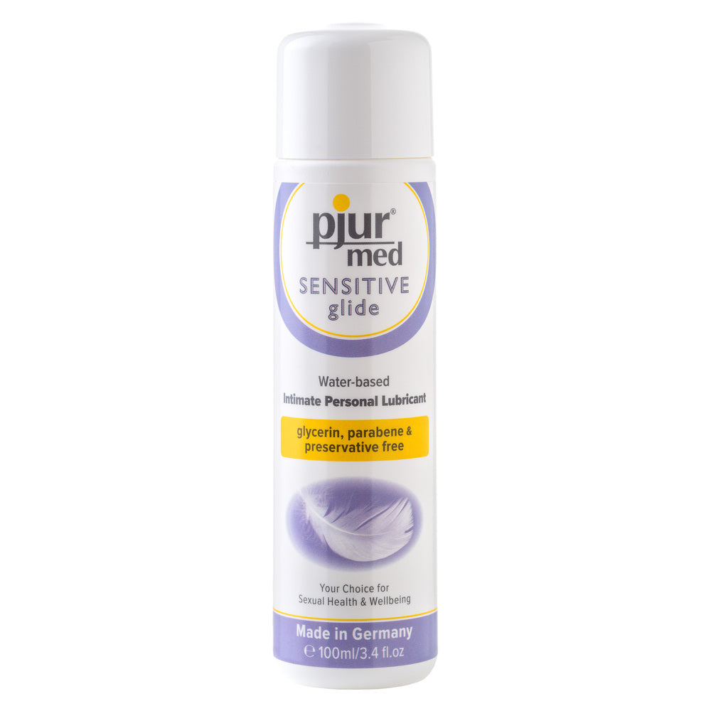 Pjur Med Sensitive Glide lubricant, a clear and gentle intimate personal moisturiser in a bottle.
