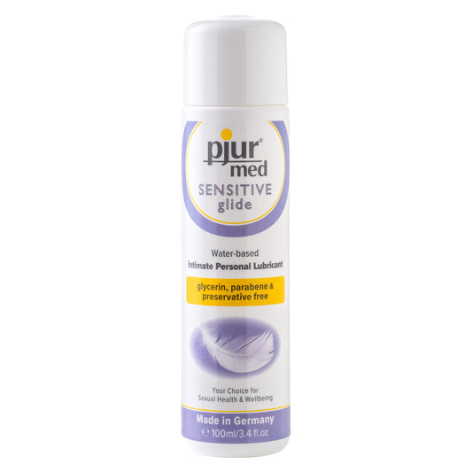 Pjur Med Sensitive Glide lubricant, a clear and gentle intimate personal moisturiser in a bottle.