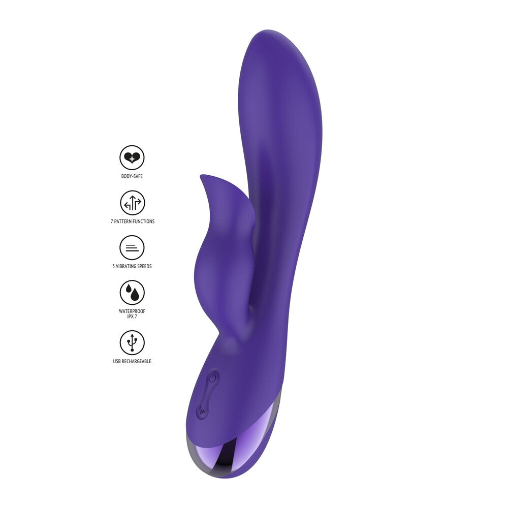 A purple and silver vibrator with a curved shaft and clitoral stimulator for G-spot pleasure.