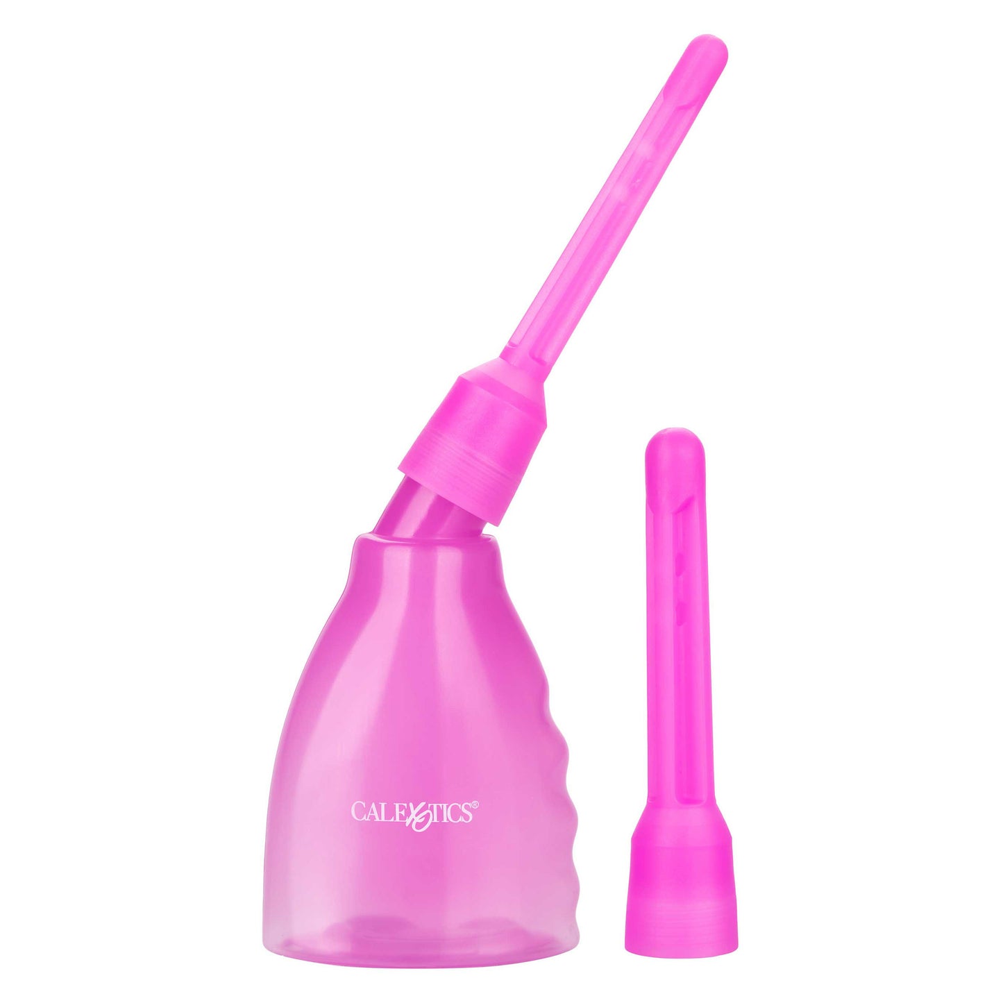 Reusable clear plastic douche from California Exotic for personal hygiene, shown at an angle.