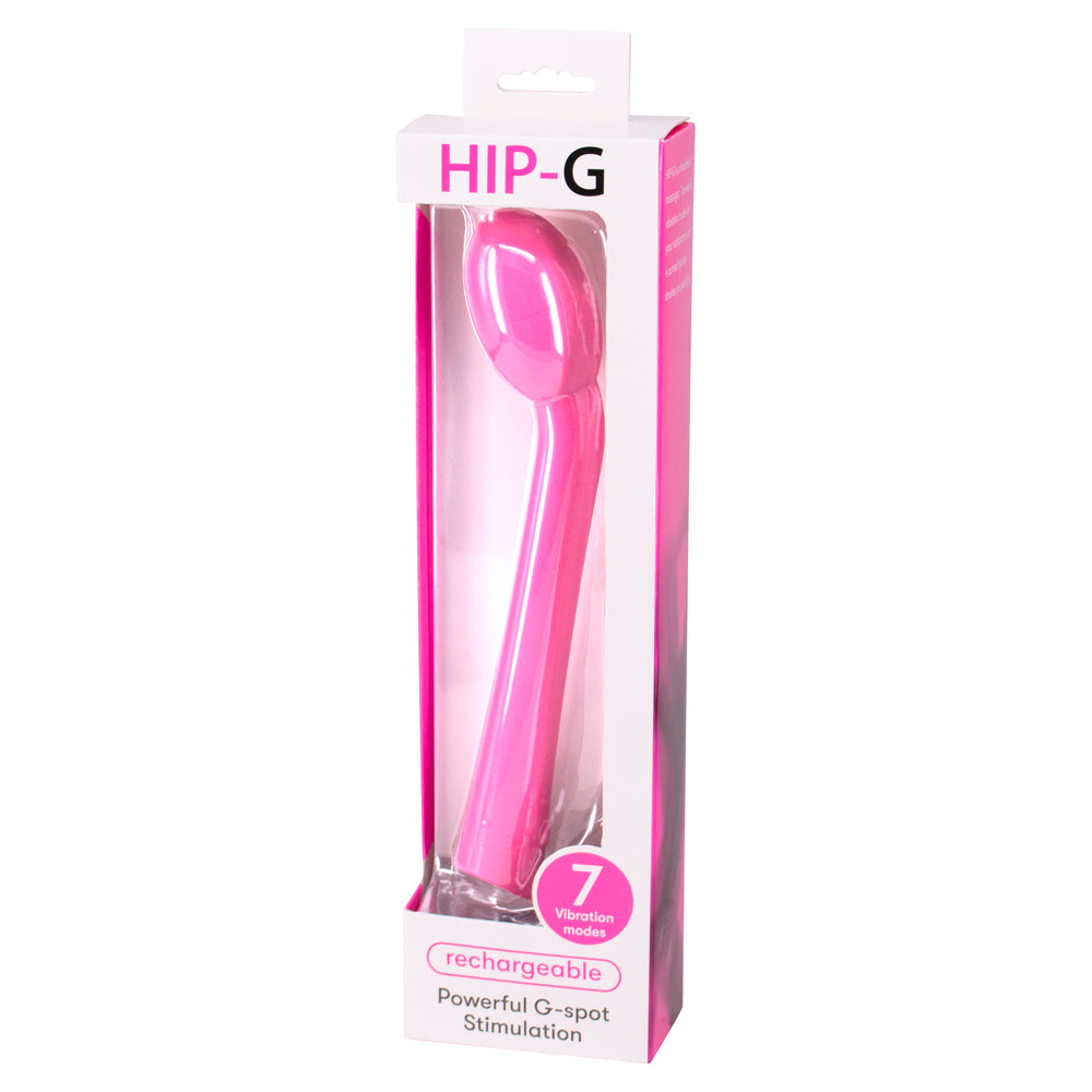 Close-up of a sleek, rechargeable g-spot vibrator from seven creations, showing its curved tip.