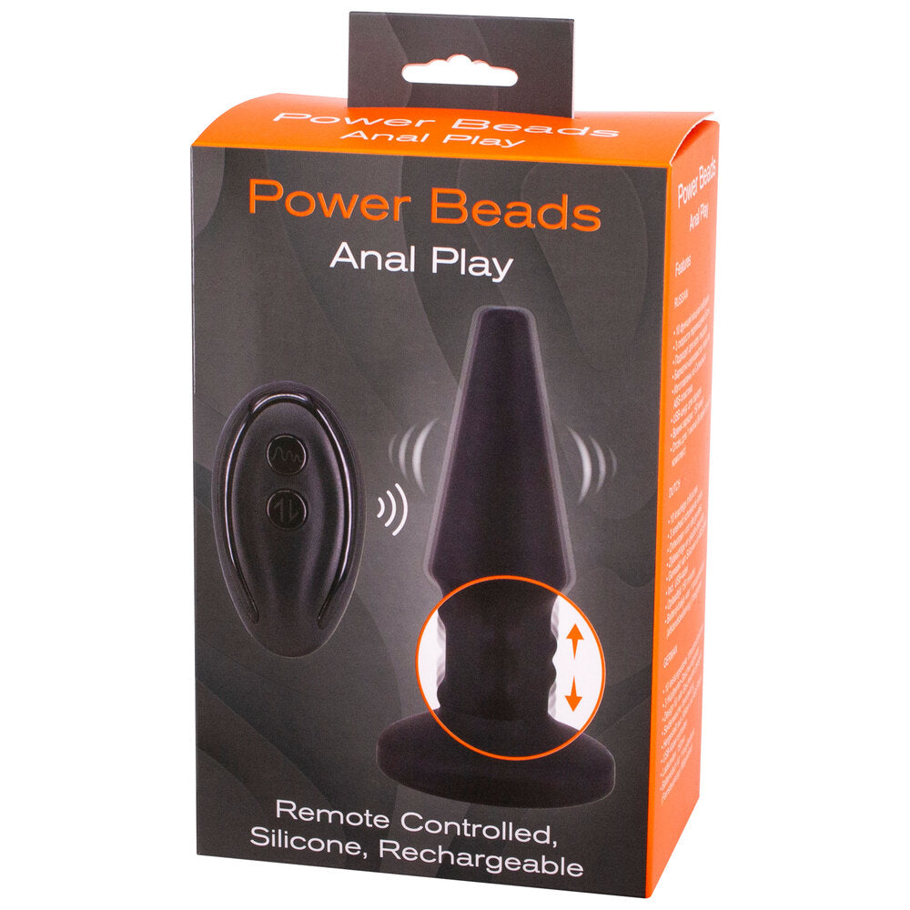Seven Creations vibrating butt plug with power beads for anal play, close-up view.
