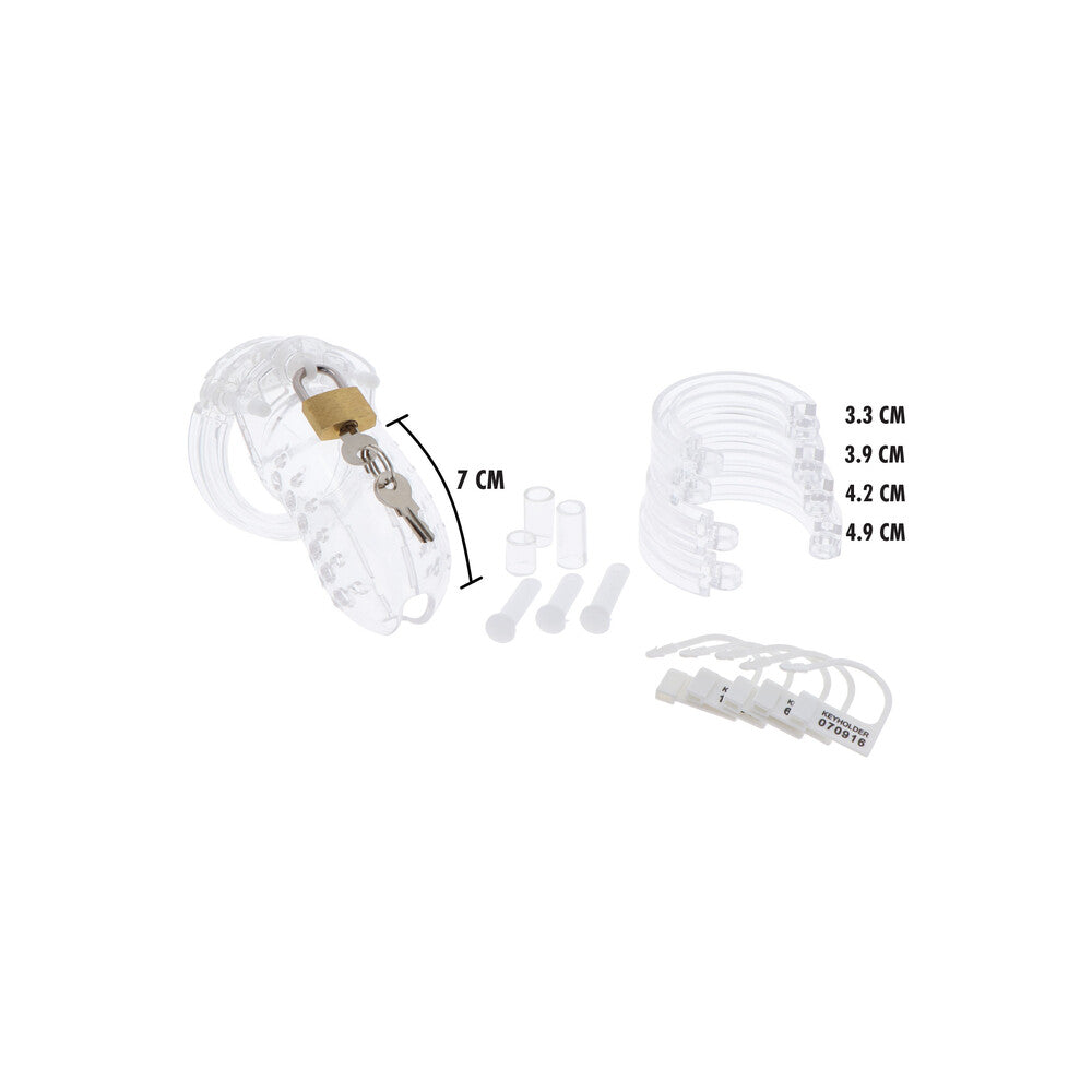 A stainless steel Hidden Desire chastity cage with a curved design, for male chastity.