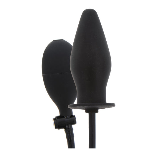 A black, textured extreme inflatable butt plug from anal inflatables product range.