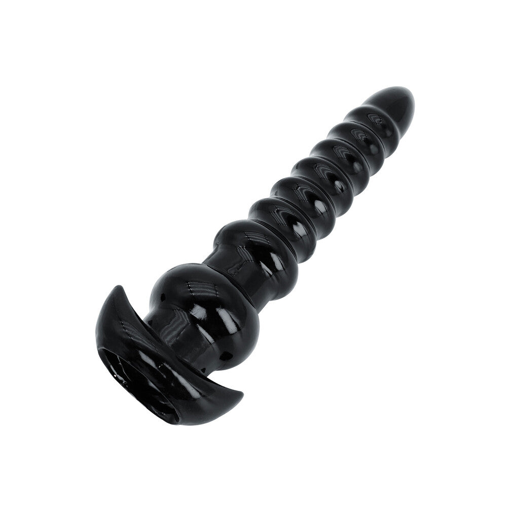Extra large, shiny metal anal probe from hidden desire with a twisted, drill-like tip.