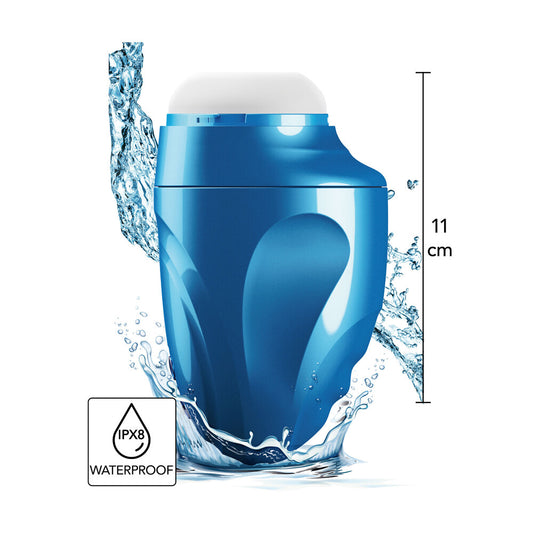 Aqua-coloured, textured vibrating masturbator with a bubble design, designed for solo male pleasure.