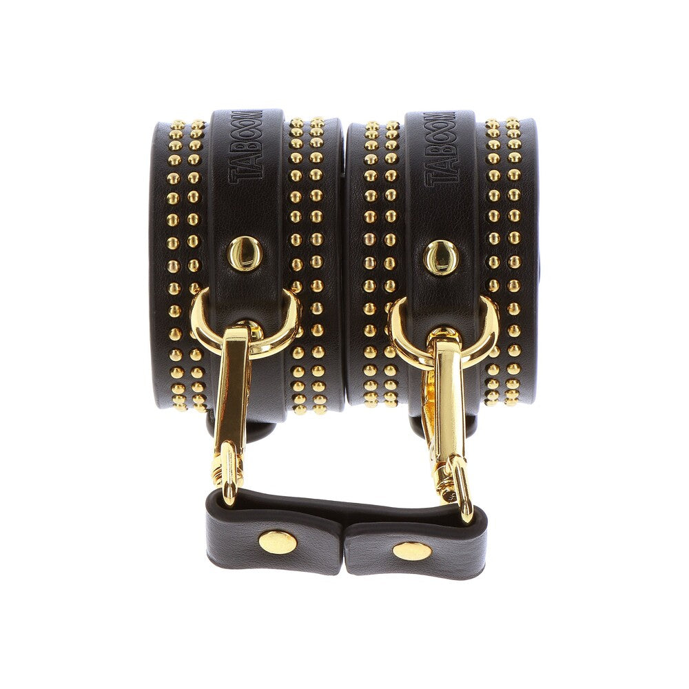 Taboom vogue studded ankle cuffs set, leather restraints with silver-tone studs, for playful evenings.
