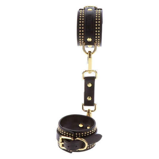 Taboom vogue studded ankle cuffs set, black leather restraints with silver-tone studs
