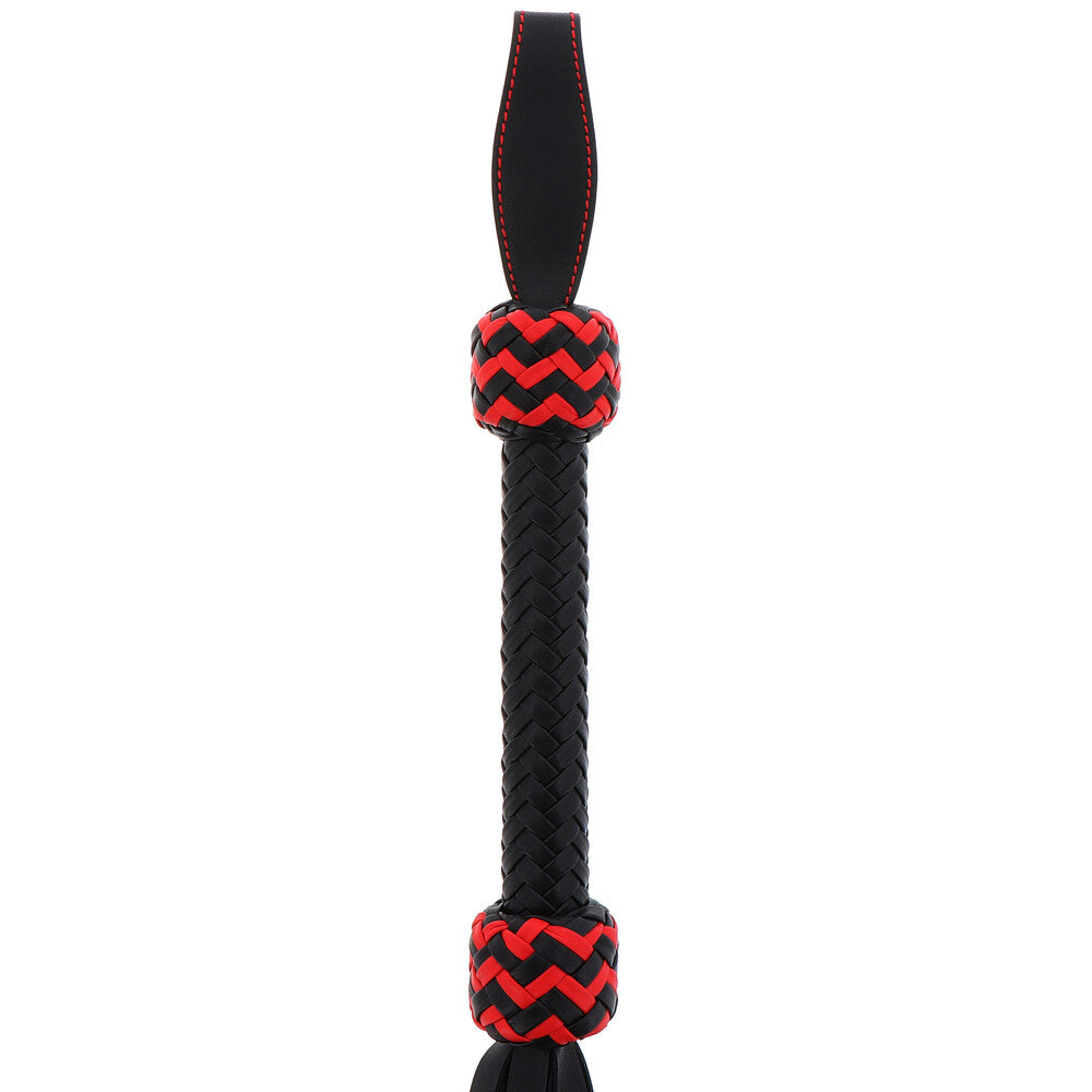 masters leather catonine whip, black with silver hardware, for playful teasing and impact.