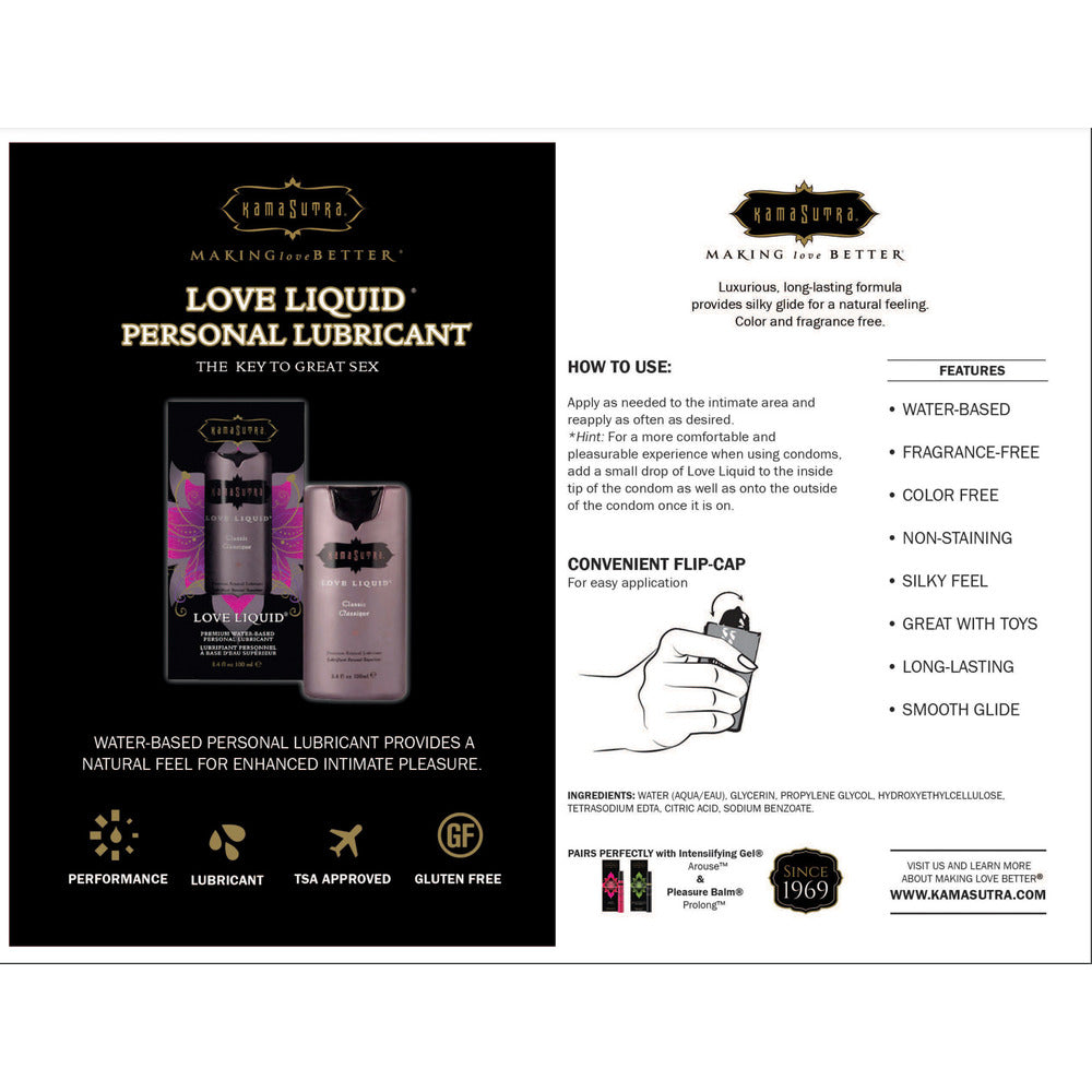 Kama Sutra Love Liquid Lubricant in a clear 100ml bottle, a smooth personal lubricant.