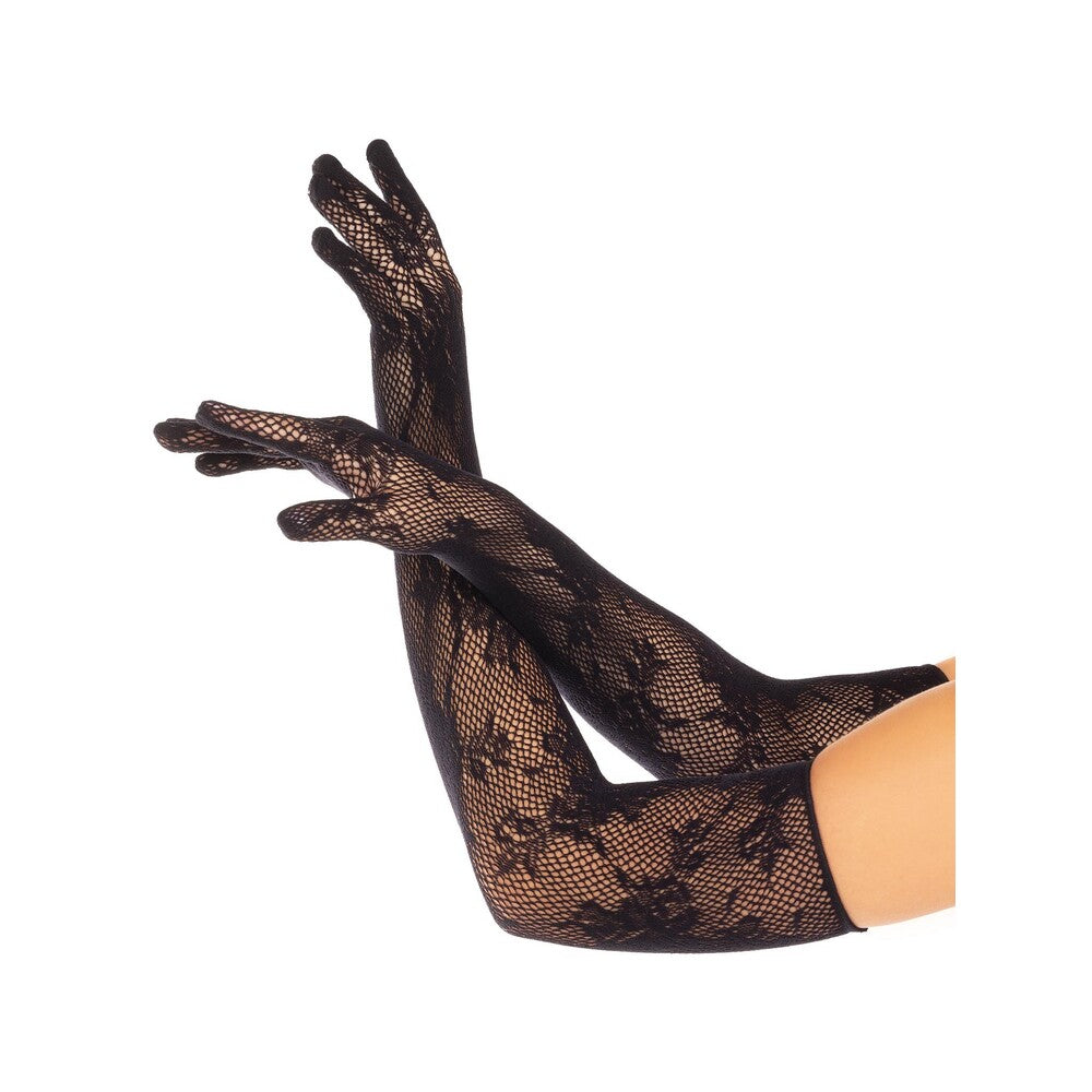 Close-up of black opera length floral lace gloves from leg avenue lingerie for accessories.