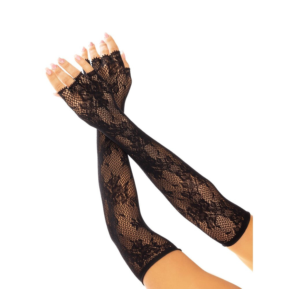 Black floral net fingerless gloves from leg avenue lingerie, a stylish accessories choice.